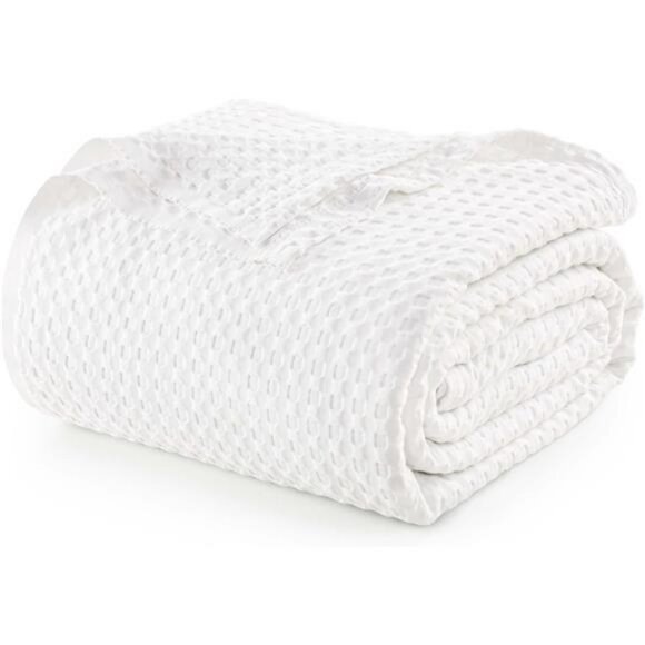 Bedding White 100% Cotton Waffle Blanket 300 GSM [Queen - 90x90 Inch] - Picture 1 of 7